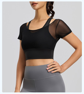 Top corto de yoga 2 en 1 de malla para mujer, con sujetador incorporado, top deportivo transpirable para gimnasio, correr, pilates, OEM, ODM - Product Image 3