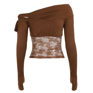 Camiseta de Mujer de Manga Larga con Hombros Descubiertos, Tejido Transpirable, Encaje y Parches, Ajuste Delgado, Estilo Club, Moda 2026 - ¡Gran Venta! - Product Image 6