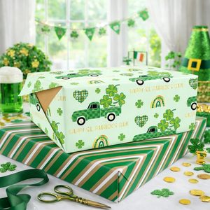 St Patricks Day Wrapping Paper Green Truck Shamrock Design Foil Gift <b>Wrap</b> Roll Recyclable For Irish Celebration - Product Image 5