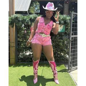 Ensemble en jean rose VOIKERDR pour femme, haut court sans manches et short, tenue Y2K, coupe classique, déchiré, boutonné sur le devant, coton respirant - Product Image 3