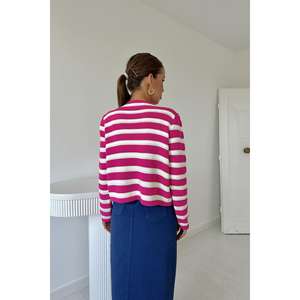 Pull en tricot rayé fuchsia pour femme, manches longues, décontracté, anti-boulochage - Product Image 1