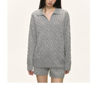 Nouvel ensemble tricoté respirant pour femme, col en V, coupe régulière, deux pièces avec short, style décontracté, automne-hiver