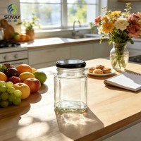 Stoples Kaca Persegi Transparan Kapasitas Sedang Besar 320ml untuk Kemasan Jelly, Marmalade, Selai Kacang, dan Makanan Penutup