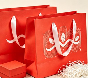 Bolsa de papel brillante personalizada con logo en foil, lazo decorativo y asa, para regalo de perfume o cosmético de lujo. - Product Image 3