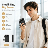 Chargeur rapide 20000mAh 22.5W avec câble intégré, charge rapide Type-C, écran LCD, design fin, portable 2-en-1, prix d'usine