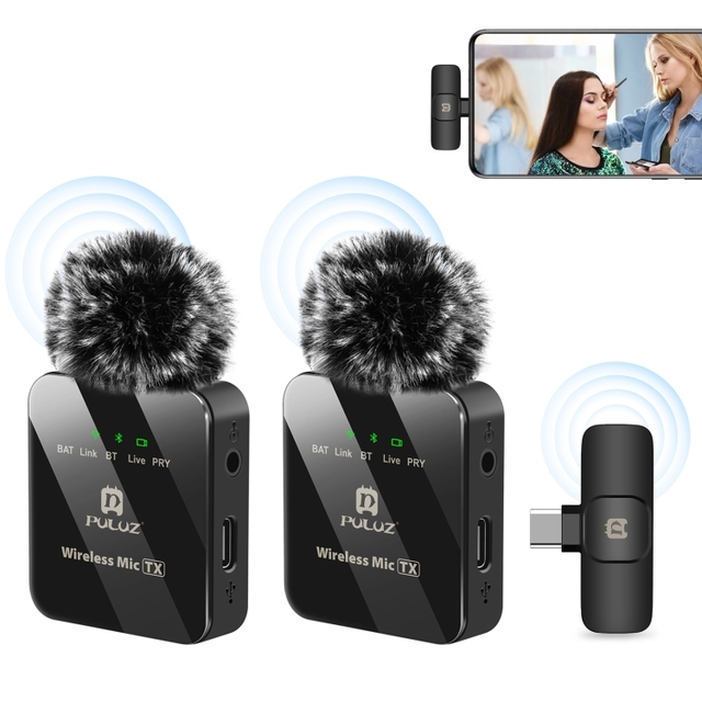 Stock Available PULUZ Wireless Lavalier Microphone for Type-C Phone, Type-C Receiver and Dual Microphones