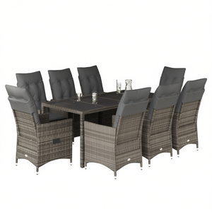 8 Seater Grey Pe Rattan Garden Dining Set With Multi Position <b>Backrest</b> Outdoor Furniture Contemporary Design - Product Image 1