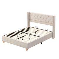 Lit rembourré en lin beige 160*200 CM, lit de chambre moderne avec cadre métallique, tête de lit en treillis, rangement et capitonnage, pieds métalliques