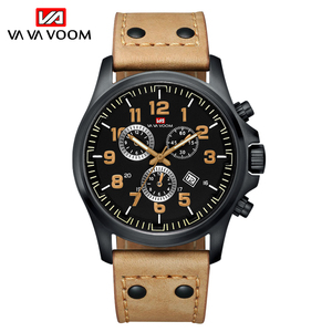 Montre chronographe de course pour homme, boîtier noir, accent doré, bracelet en cuir perforé, montre-bracelet de sport - Product Image 4