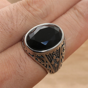 European American Style Men's <b>Titanium</b> Steel Oval <b>Ring</b> <b>Black</b> Gemstone Bezel Setting Geometric Design Gift Jewelry 21006 - Product Image 4