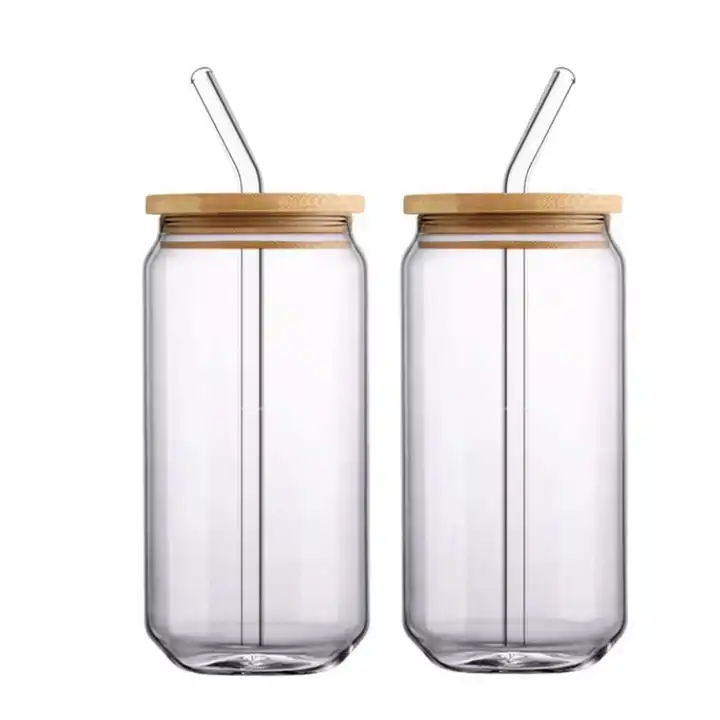 Can Shaped Glass Cups 500ml 16oz Beer Glasses with Bamboo Lids