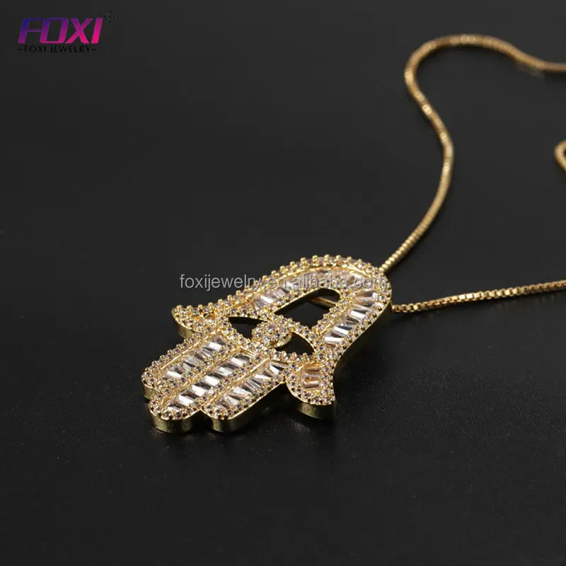 FOXI Neuestes Design neueste hochwertige 18k gold plattiert handkette schmuck zirkon hand von fatima hamsa halskette für frauen