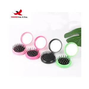 Round shape Plastic hair brush set with mirror low price folding pocket travel hair comb brush