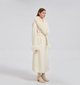 Бежевое пальто из кашемира и шерсти с натуральным мехом лисы, двустороннее, 10% кашемир, 90% шерсть, зимнее, длинное, женское - Product Image 5