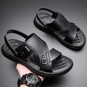 รองเท้าแตะหนังแบบเปิดนิ้วเท้าสำหรับผู้ชาย พื้นหนา รองเท้าลำลองชายหาด สวมใส่สบาย สีพื้น สีน้ำตาล สีเทา สีดำ 2311 - Product Image 4