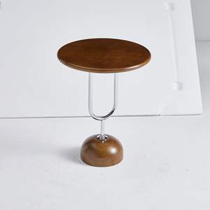 Mesa de centro redonda de madera con patas metálicas en forma de U, móvil, para sala de estar pequeña o uso en balcón - Product Image 3