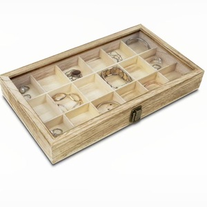 Wood Jewelry Storage <b>Box</b> With <b>Glass</b> Lid 15 Compartments For Bracelets Earrings Rings Necklaces Rustic Style Display Case - Product Image 5