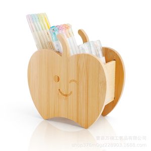 Apple Shaped Bamboo Storage <b>Box</b> With Partitions For Desk Organizing Remote Control Stationery <b>Makeup</b> Tools Natural Wood Color - Product Image 5
