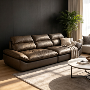 Sofá Moderno de Tres Plazas en Cuero Genuino con Respaldo Acolchado, Brazos Acolchados y Patas de Madera para Sala de Estar - Product Image 6