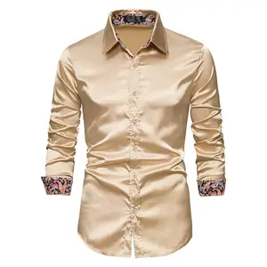 Men's Long Sleeve Luxury Printed Dress Shirt Silk Satin Button Down New Design Shirts