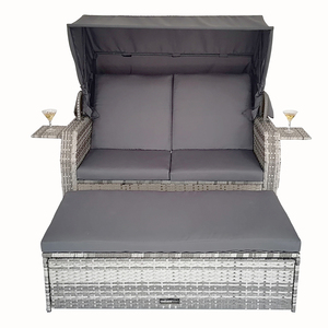 Loisirs plein air rotin <span class=keywords><strong>Double</strong></span> <span class=keywords><strong>lit</strong></span> solaire rotin Chaise salon <span class=keywords><strong>jardin</strong></span> piscine auvent <span class=keywords><strong>lit</strong></span> canapé-<span class=keywords><strong>lit</strong></span> avec tabouret banc - Product Image 5