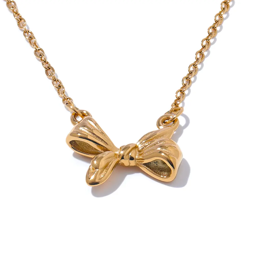 JINYOU 3388 2024 Trending Stainless Steel Bowknot Bow Pendant Necklace Waterproof Women Chic Fashion Gold Jewelry Wholesale