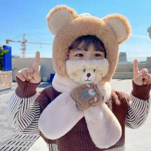 قبعة شتوية للأطفال مع وشاح مدمج، تصميم دب مخملي للأولاد والبنات، مقاومة للرياح والبرد مع حماية للأذنين وقناع - Product Image 5