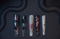 Ongles press-on Halloween 3D démon, en ABS, motif français, formes amande et carrée, pour salon de manucure et fêtes