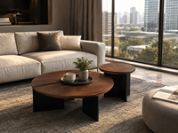 Ensemble de tables d'appoint rondes design avec surface en bois naturel, mobilier minimaliste pour salon, fournisseur OEM