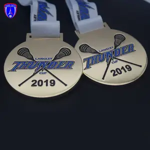 Médaille personnalisée de sport de crosse en alliage de zinc brillant plaqué or de haute qualité avec ruban de logo