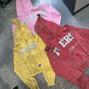 定制徽标法式毛圈布超大印花水钻拉链连帽衫，宽松休闲 Y2K 风格，男式宽松版型连帽衫 - Product Image 2