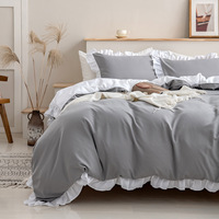 Parure de lit 3 pièces en tissu brossé couleur unie avec dentelle à volants et blocs de couleur, pour le commerce extérieur et la vente transfrontalière