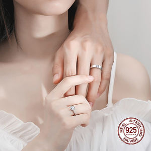 煌めくキュービックジルコニア 925スターリングシルバー サイズ調整可能 カップルプロミスリング 女性男性用 結婚式婚約指輪ジュエリー - Product Image 5