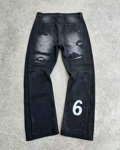 Jean en denim déchiré coupe droite pour homme, taille mi-haute, style streetwear en coton, imprimé numéro 6, collection automne - Product Image 2