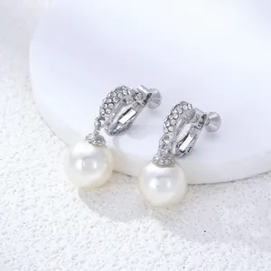 Anting-anting berlian mutiara elegan, anting-anting klip trendi tanpa jarum perhiasan pernikahan pengantin wanita