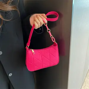 Mini Women's Casual Lady Style Leather Shoulder Bag Single-Shoulder Armpit Saddle with Felt Plaid Detail for Summer