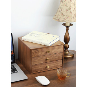Black Walnut Wood Multi Drawer Storage Box <b>Rectangle</b> Standing Type Office Desktop Organizer Solid Color 3 Drawers - Product Image 2