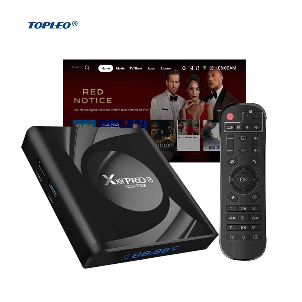 Topleo kotak tv internet pemutar video 4k, kotak tv pintar BT kendali jarak jauh 2.4g 5g wifi ram 8 gb 2023 bt5.2 android 13