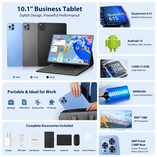 Newest Factory Super Cheapest OEM Android 14  10.1 Inch Tablet 12+512GB 4G SIM Card 5Gwifi Android 14  Business Education Tablet