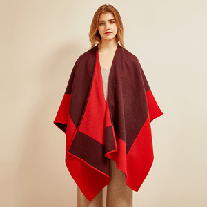 Autumn Winter Mid Length Poncho <b>Cape</b>, Reversible Color Block Jacquard <b>Wool</b> Banquet Shawl Factory Bulk Wholesale - Product Image 2