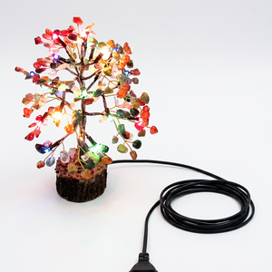 Lampe de nuit en pierres précieuses naturelles certifiées, pierres multicolores, base en bois faite à la main, lumière LED, pièce décorative, effet lumineux, Gujarat - Product Image 1