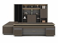 Bureau de direction moderne en forme de L avec armoire latérale et bibliothèque assortie en bois, garantie 5 ans