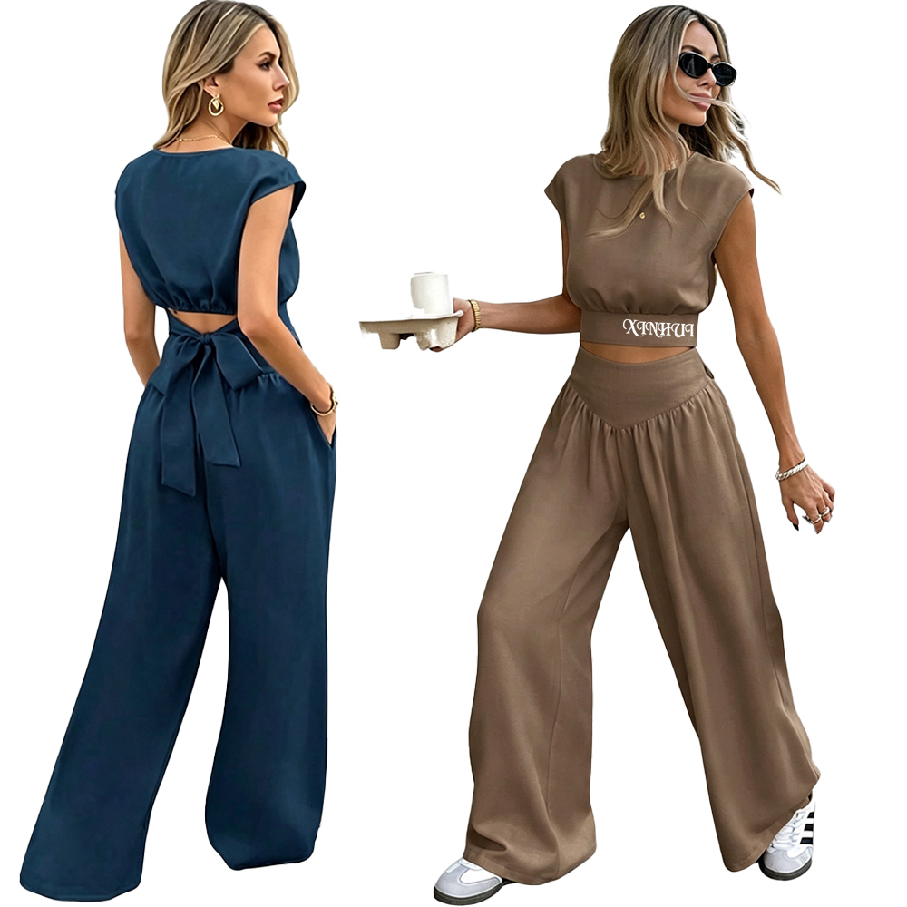 Custom Women Regular Fit Two Piece Outfit Cap Sleeve Crop Top Back Tie Cutout High Waist Wide Leg Pants Ladies Daily Casual Set · image 1