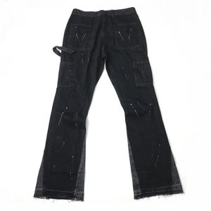 Nouveauté 2022 - Jeans slim déstructurés noirs délavés pour hommes, éclaboussures de peinture multicolores, jeans évasés à huit poches - Product Image 2