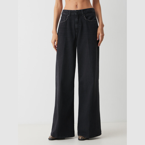 <span class=keywords><strong>Jean</strong></span> large 100 % coton <span class=keywords><strong>noir</strong></span> taille haute pour <span class=keywords><strong>femme</strong></span> avec poches cloutées, pantalon en denim ample style vintage streetwear, vêtements OEM - Product Image 1