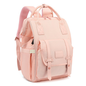 Mochila de gran capacidad, impermeable, de tela Oxford, minimalista, color crema, para mamás, con bolsillo frontal con solapa y malla lateral. - Product Image 6