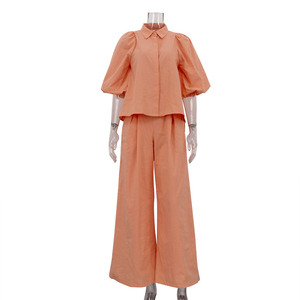 <span class=keywords><strong>Pantaloni</strong></span> a maniche a sbuffo e <span class=keywords><strong>pantaloni</strong></span> larghi in cotone alla moda autunnale Set di due pezzi completi da donna Combinaison Femme Pantalon - Product Image 4