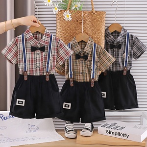 Conjunto de Dos Piezas para Niños, Camisa <span class=keywords><strong>a</strong></span> Cuadros de Manga Corta y Pantalones Cortos con Tirantes, Estilo Casual de Verano - Product Image 1