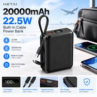 Power Bank 20000mAh 22.5W Pengisian Cepat dengan Kabel Terintegrasi Layar LCD Pengisi Daya Portabel untuk Smartphone