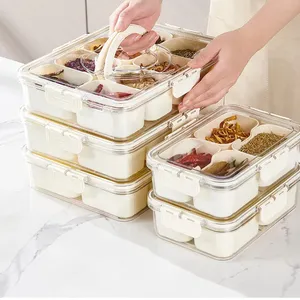 Caja de almacenamiento de especias sellada para cocina, compartimentos de grado alimenticio, caja de condimento transparente, refrigerador, cajón con asa